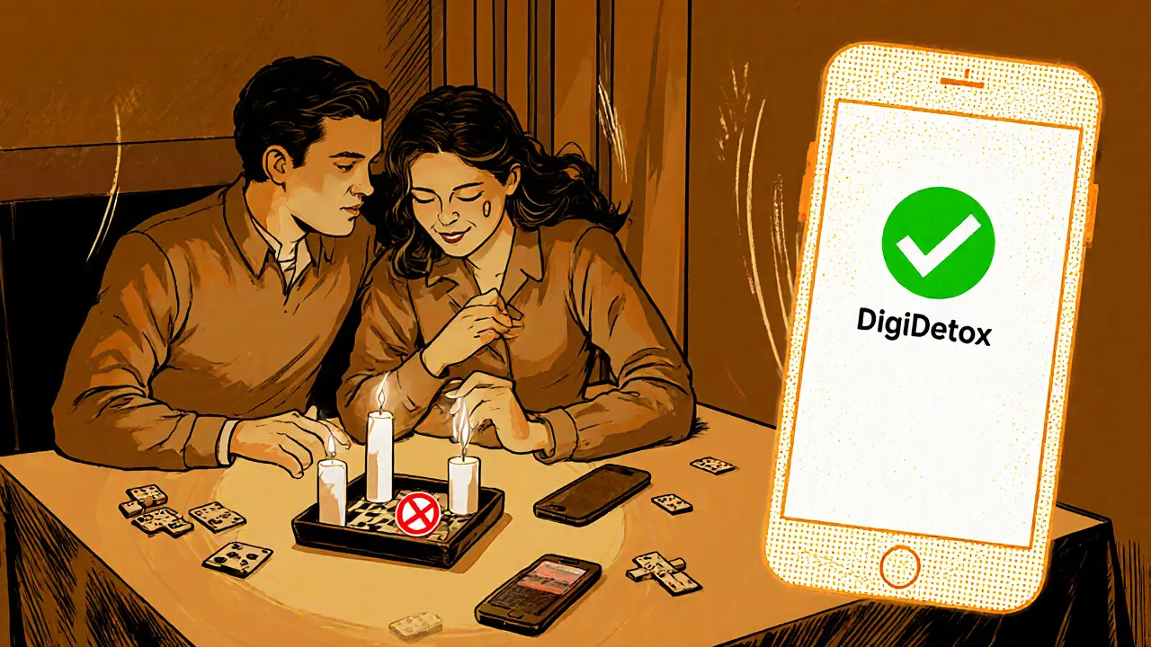 Pár si užívá večer bez mobilů, svíčky, desková hra a aplikace DigiDetox v pozadí.