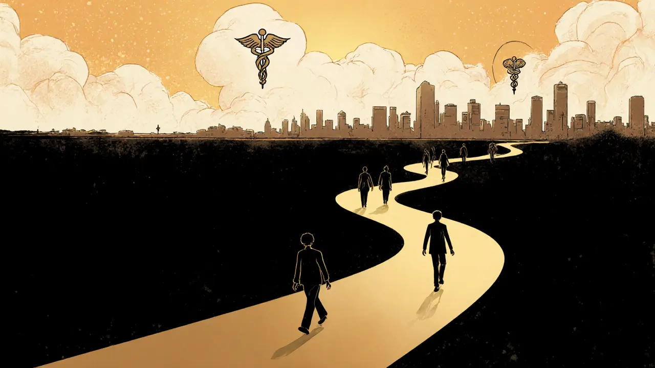 Postava kráčející po cestě k lepšímu duševnímu zdraví, s podporou terapeuta a východním sluncem.