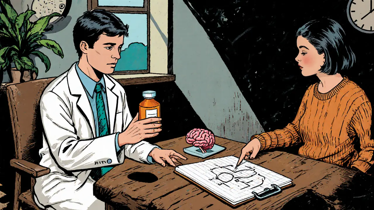 Psychiatr a terapeut diskutují léčebný plán u stolu.