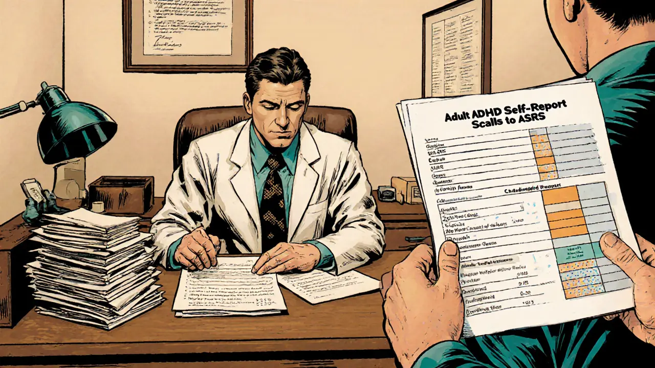 Psychiatr v ordinaci přijímá dokumenty z dětství a dotazník ASRS.