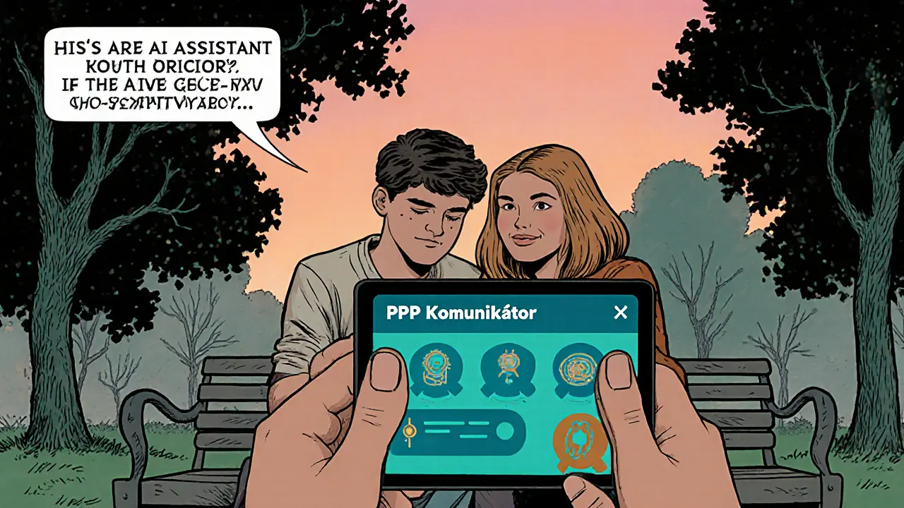 Rodič a teen používají aplikaci na tabletu a procházejí se v parku.