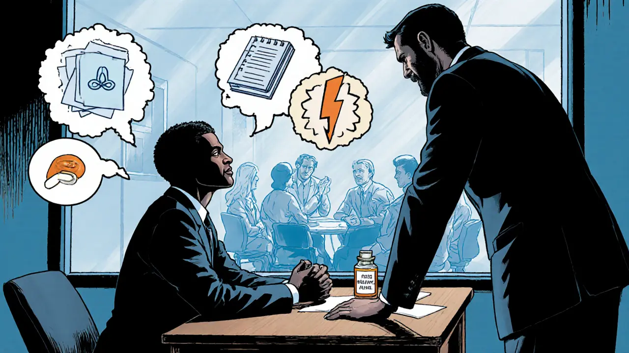 Terapeut a pacient během psychoterapie, s bublinami myšlenek a léky, ve stylu komiksu.