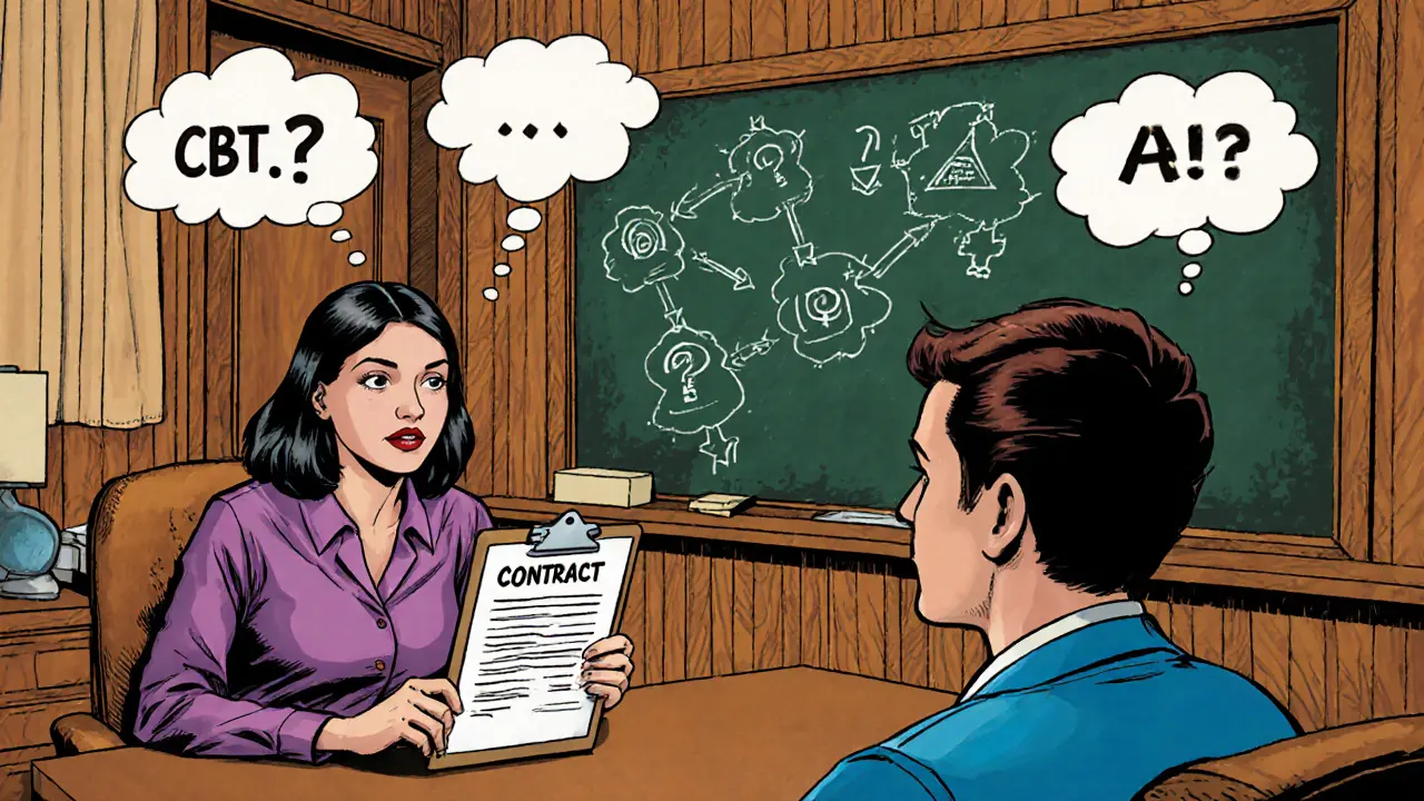 Terapeut s párem u stolu, nad hlavami symbolické bubliny myšlenek a diagram CBT.