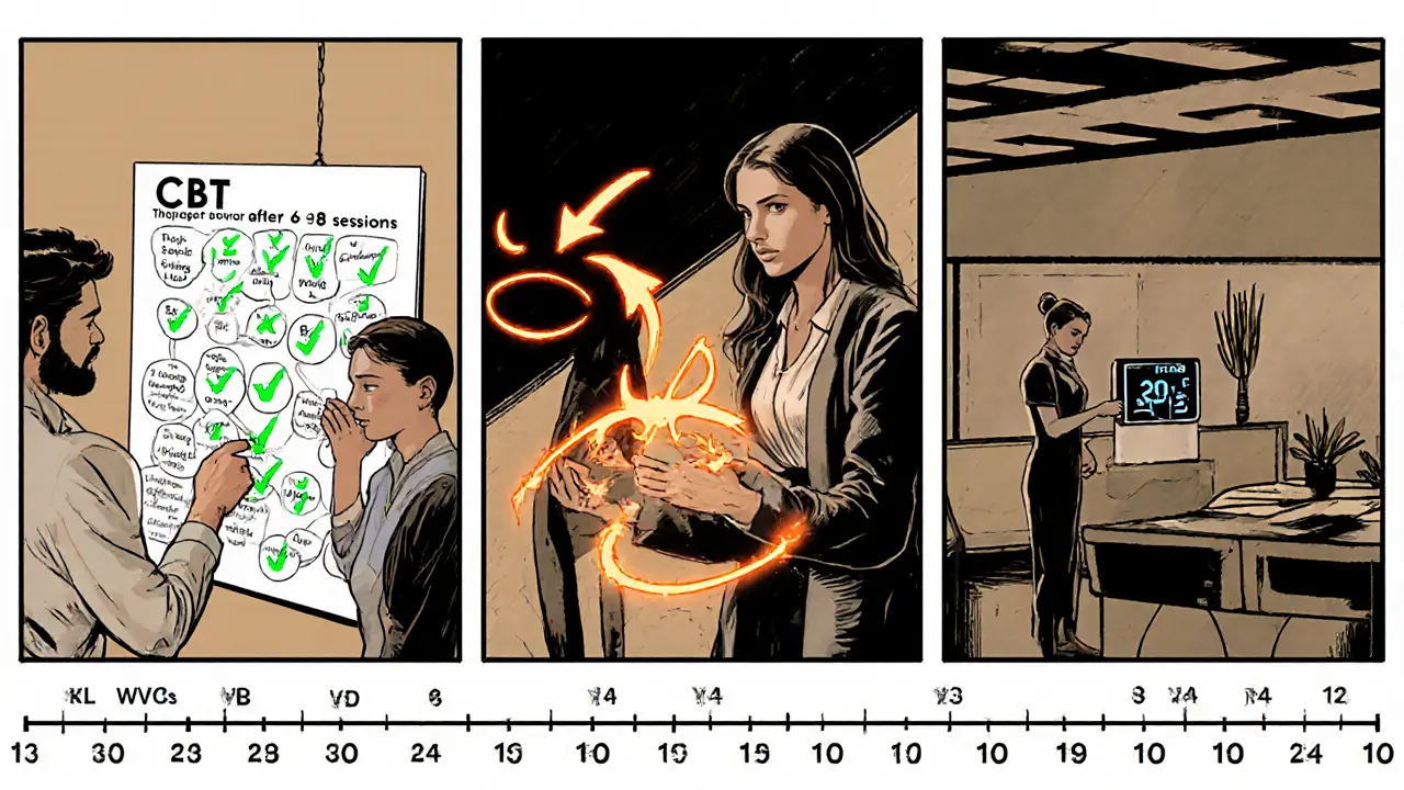 Tři panely: CBT s grafem myšlenek, EMDR s pohybem očí, ketaminová infuze s časovačem.