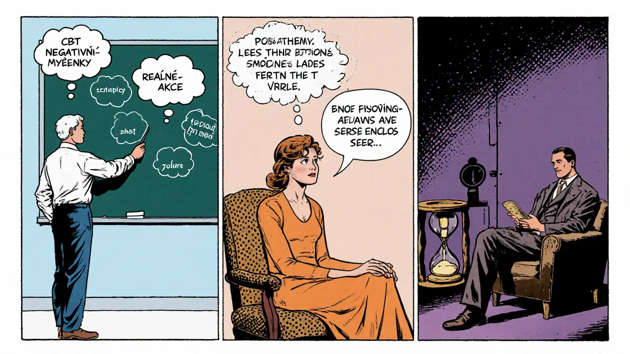 Tři panely ukazují různé terapeutické přístupy: CBT, humanistickou a psychodynamickou.