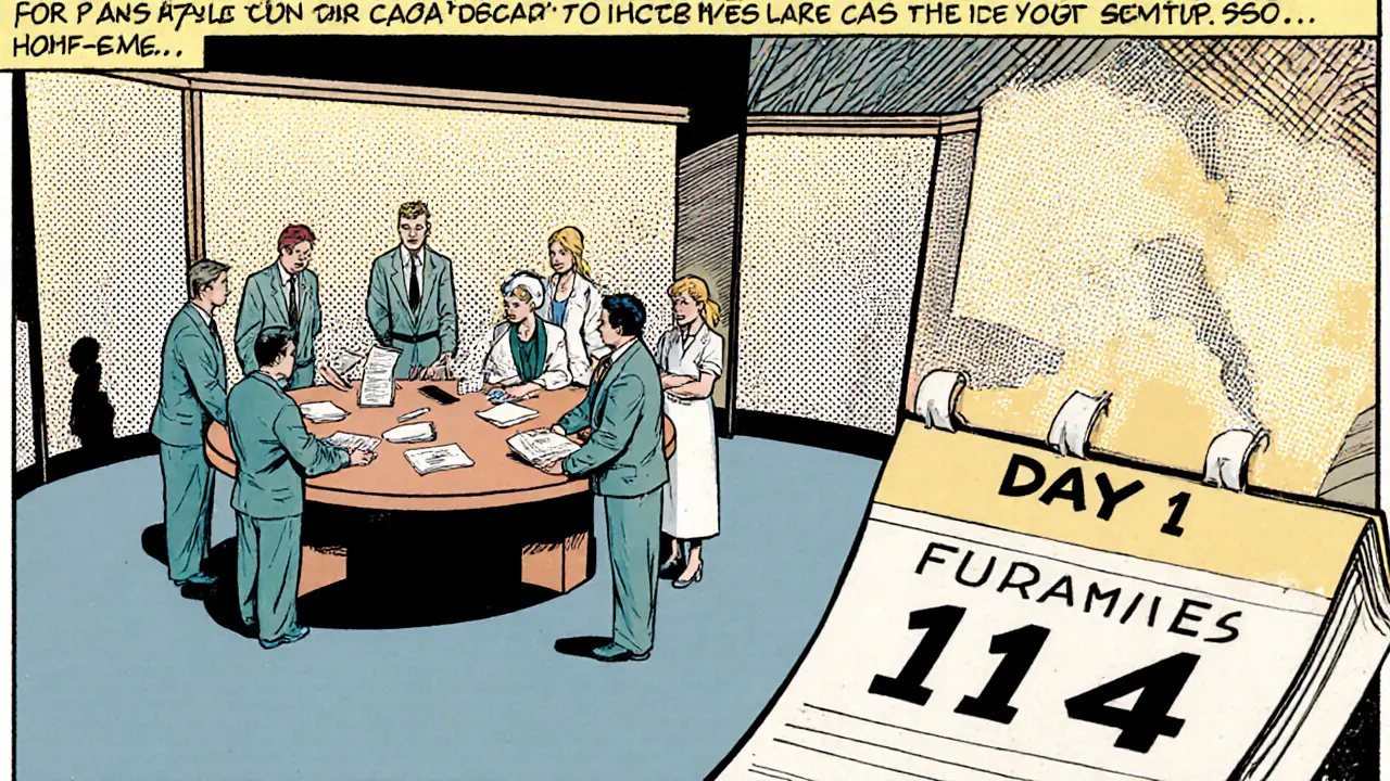 Tým specialistů v centru duševního zdraví u stolu, kalendář ukazuje 14‑denní rychlou cestu k terapii.