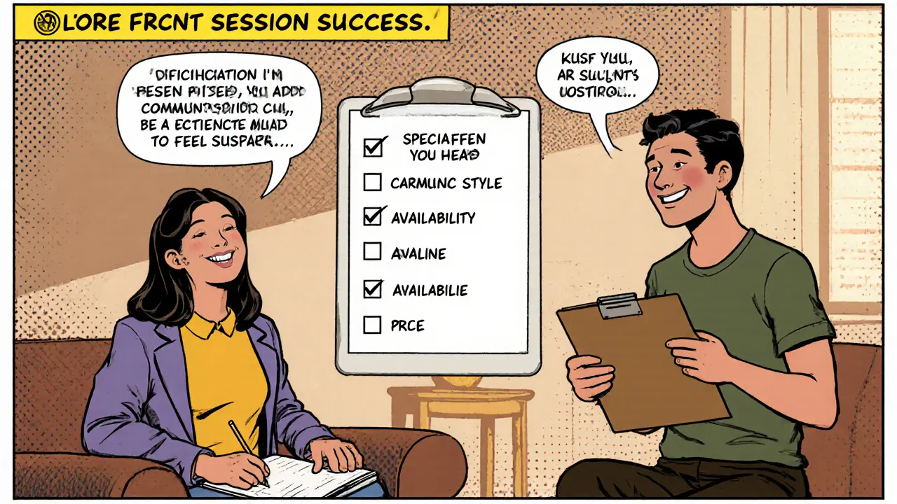 Videohovor mezi klientem a terapeutem, všichni s vyplněným kontrolním seznamem.