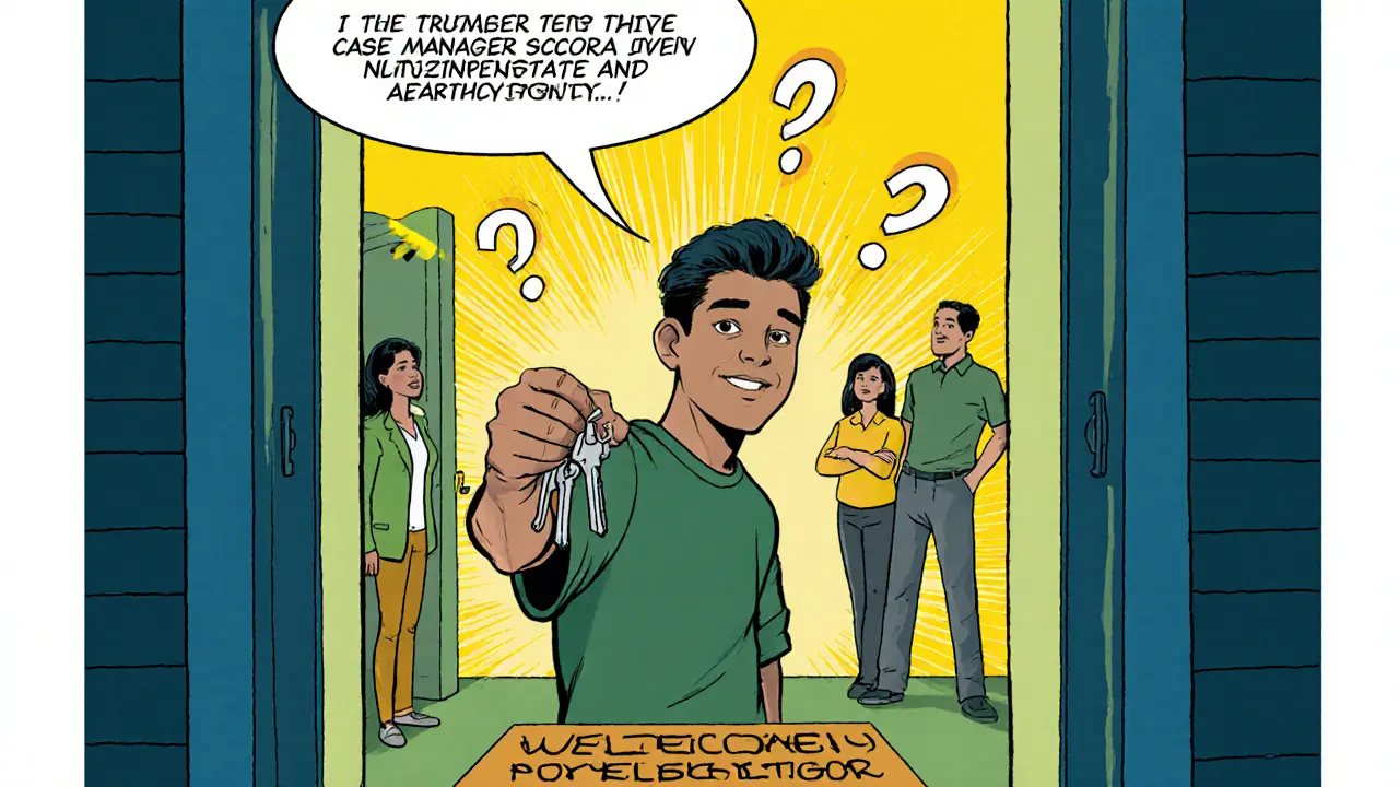 Mladík drží klíče od nového bytu, za ním stojí tým case managerů a rodina, všichni s úsměvem.