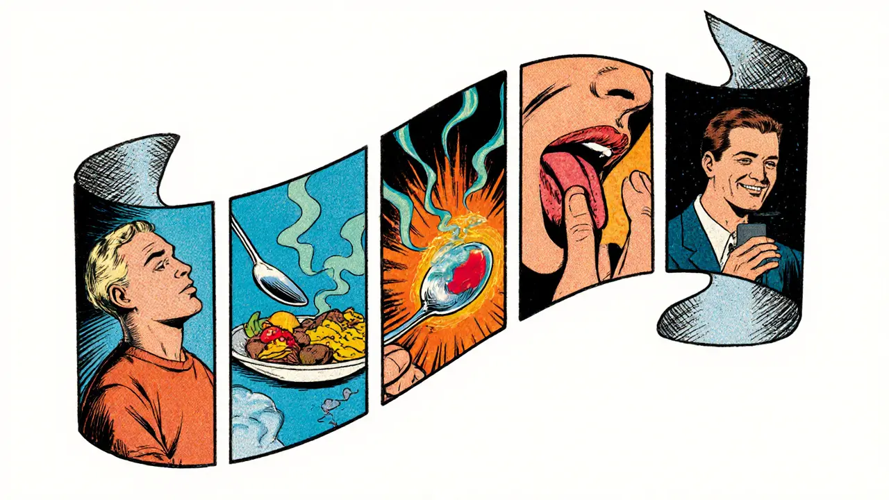 Sekvence šesti panelů ukazujících krok za krokem cvičení všímavého stravování.