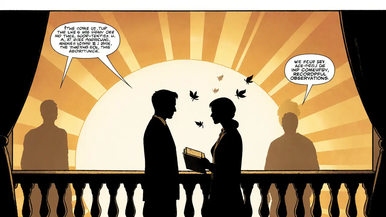 Terapeut a pacient na balkóně při východu slunce, s deníkem a symbolickými terapiemi v pozadí.