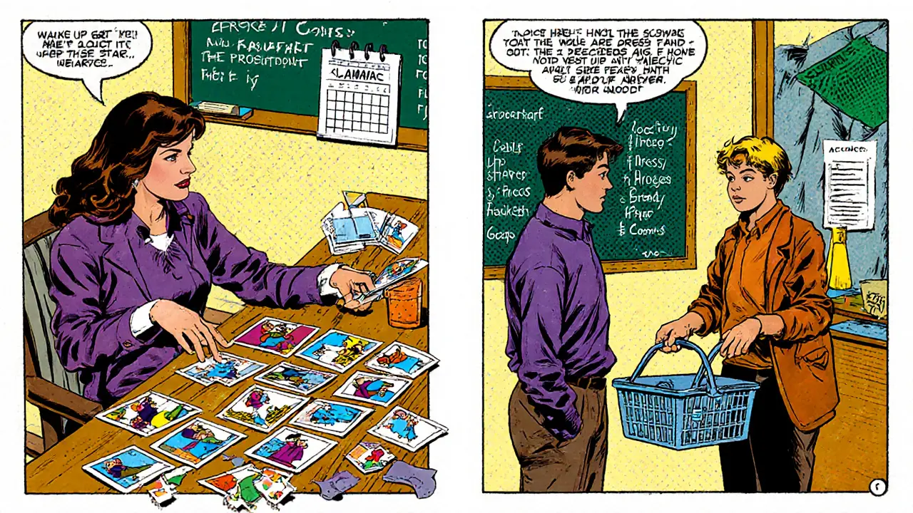 Terapeut ukazuje vizuální kartičky úkolů a společně s klientem hrají scénku v obchodě, zkoušejí konverzaci.