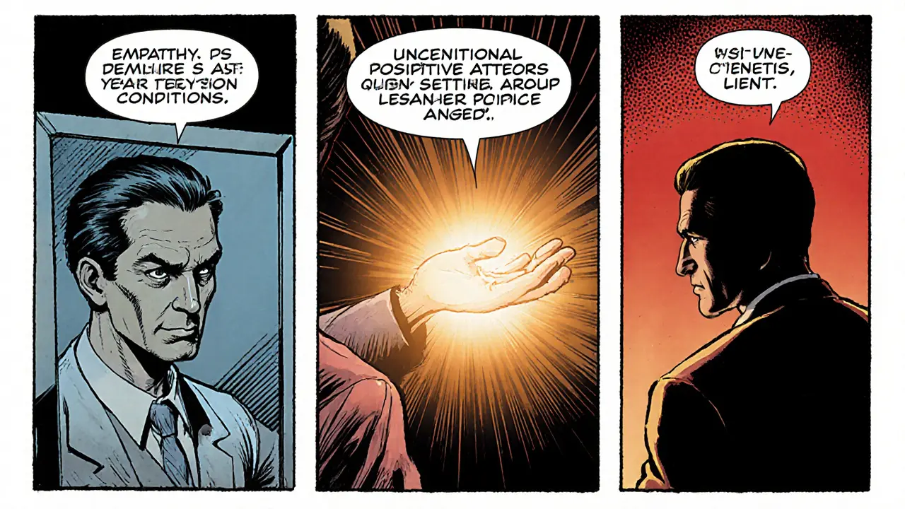 Tři panelové komiksové zobrazení empatie, bezpodmínečného přijetí a kongruence terapeuta.