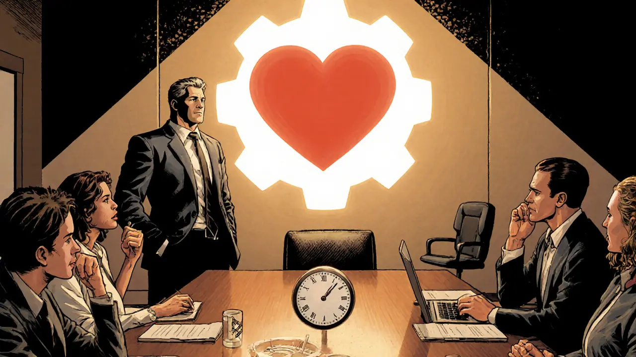 Manažer představuje wellbeing program, tým diskutuje u konferenčního stolu.