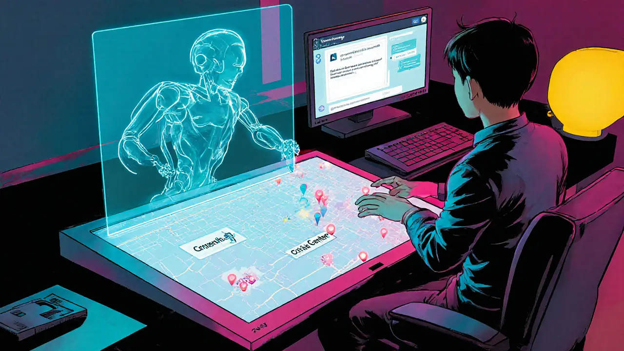 Operátor pracuje s AI triáží, holografická mapa ukazuje krizová centra.