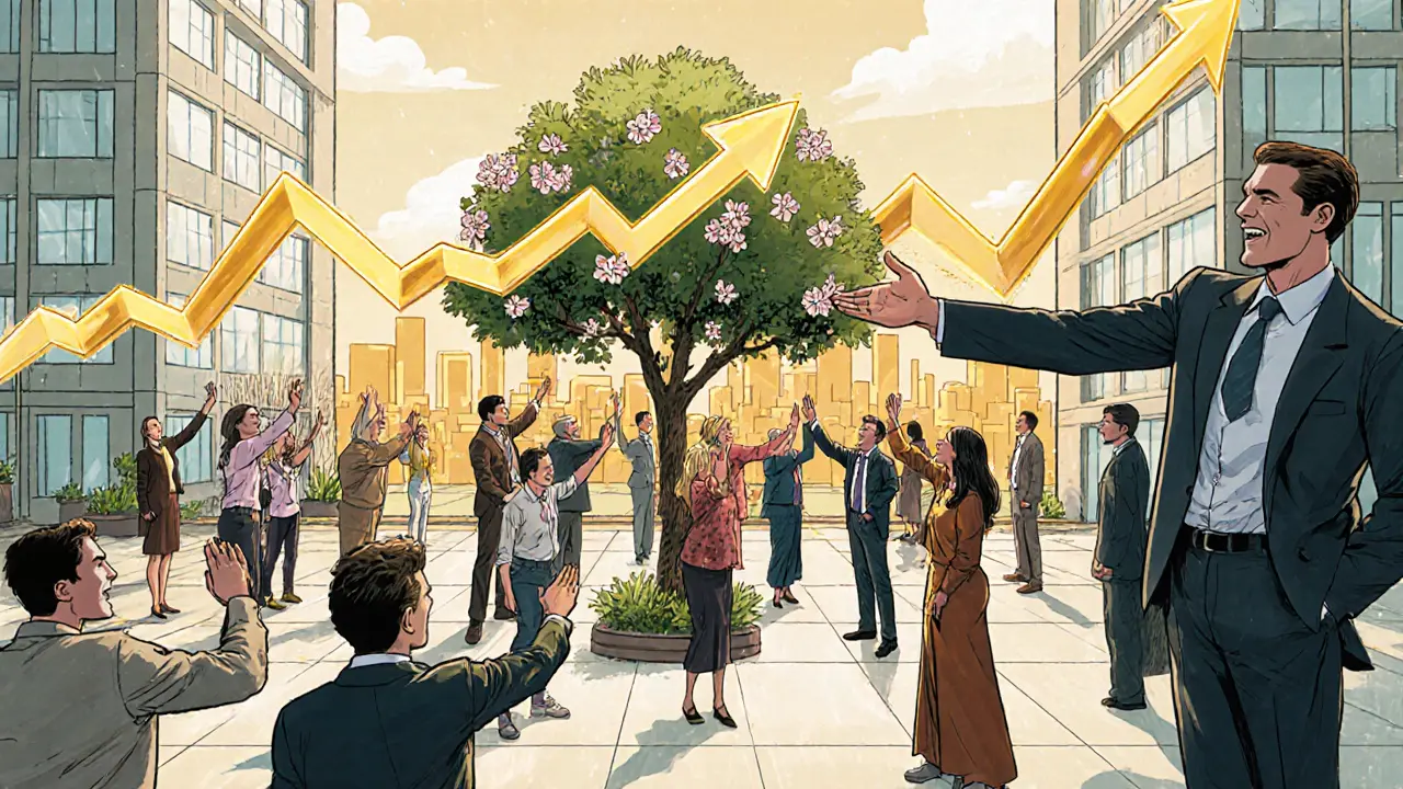 Spokojení zaměstnanci slaví úspěch programu, v pozadí rostoucí grafy.