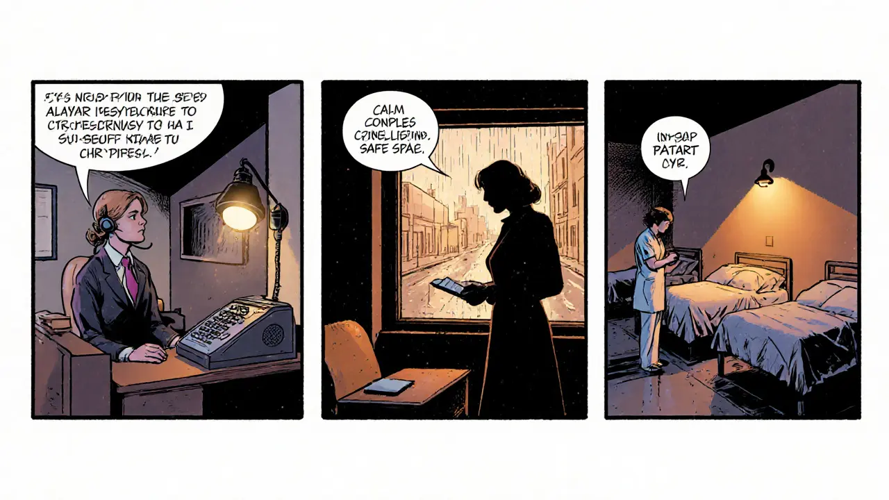 Tři panely: operátor na lince, psychologické sezení a krátkodobý pokoj s lůžky.