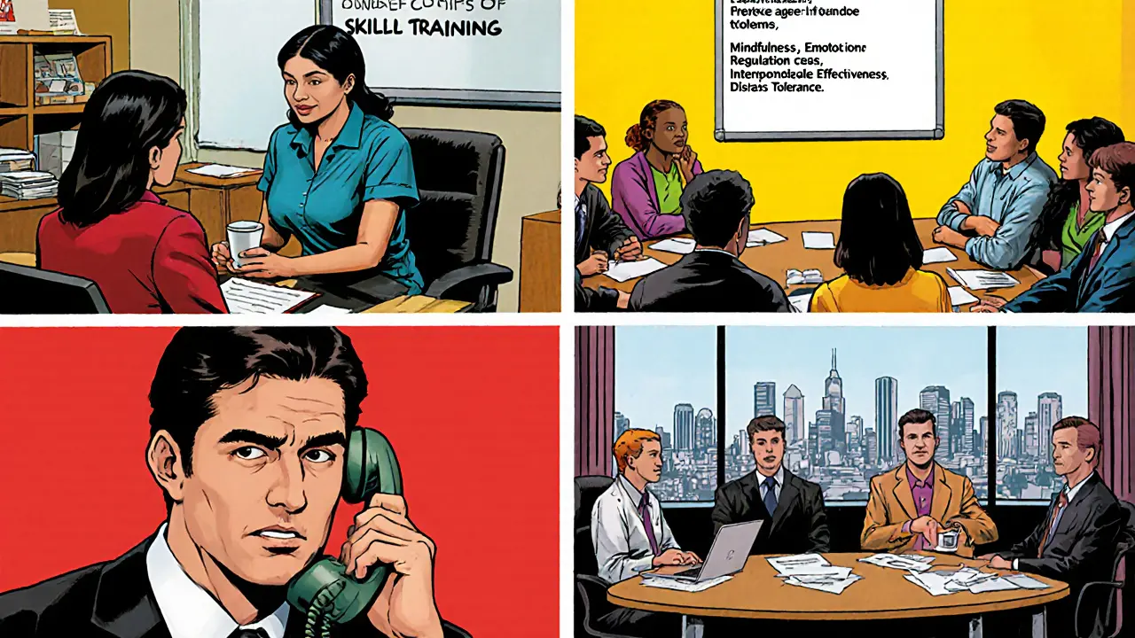 Čtyři pilíře DBT: individuální terapie, skupinový trénink, telefonní koučink, týmová supervize.