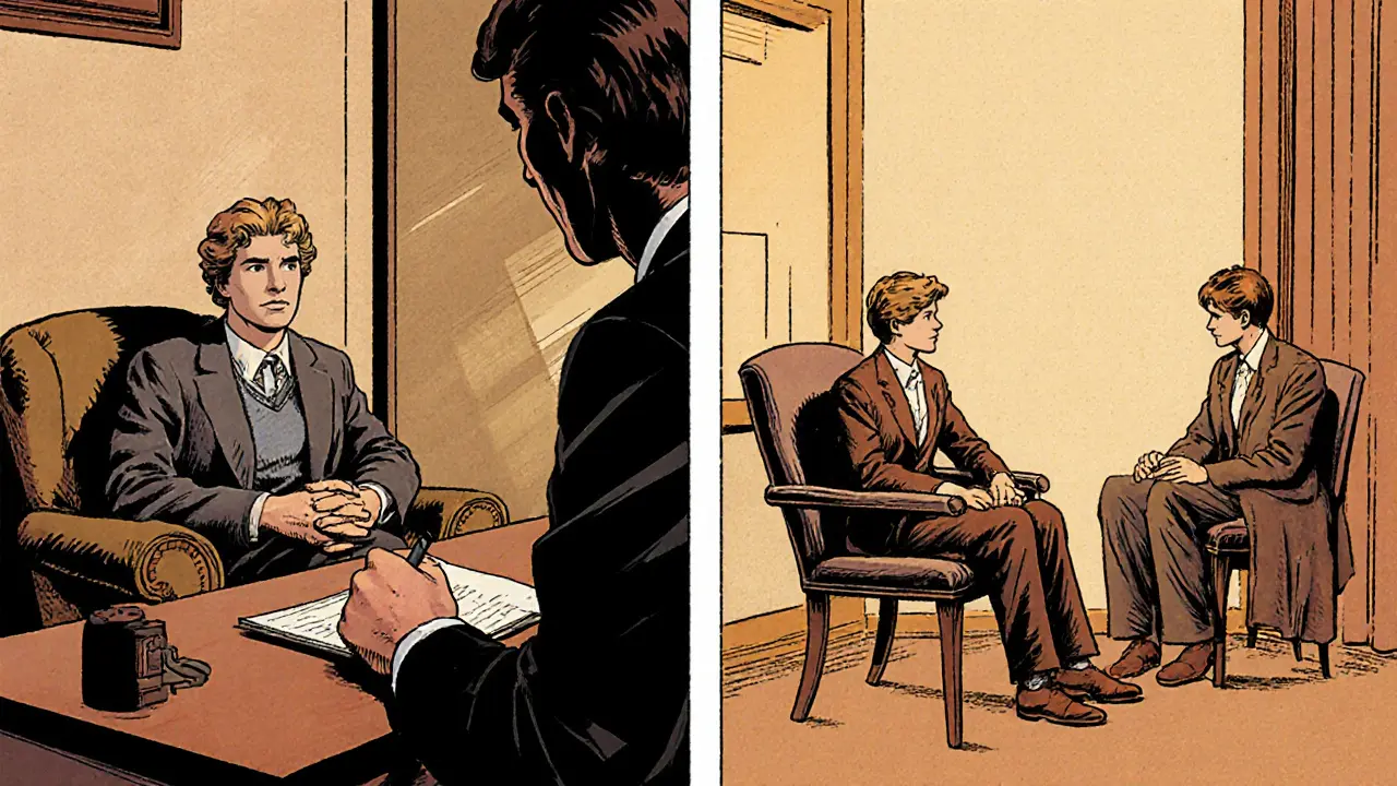 Terapeut a klient v individuální sezení, pozadí útulné kanceláře.