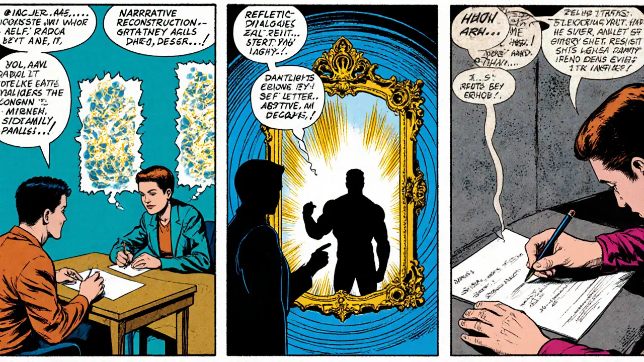 Čtyři panelové obrázky: psaní příběhu, reflexivní dialog, zrcadlo ukazující sílu, psaní dopisu sobě.