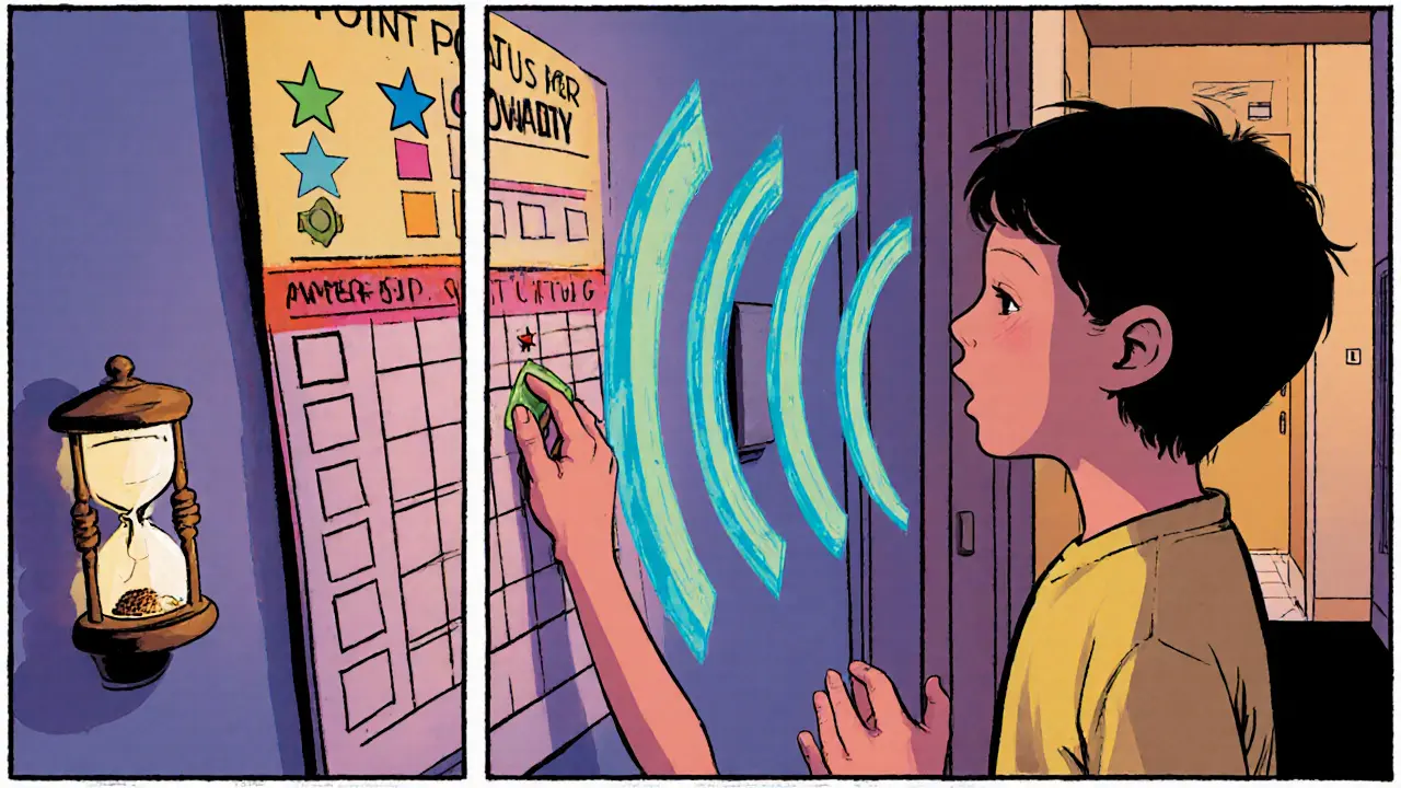 Dítě doplňuje bodový diagram na zdi, používá časovač a dýchací vlny v kuchyni.