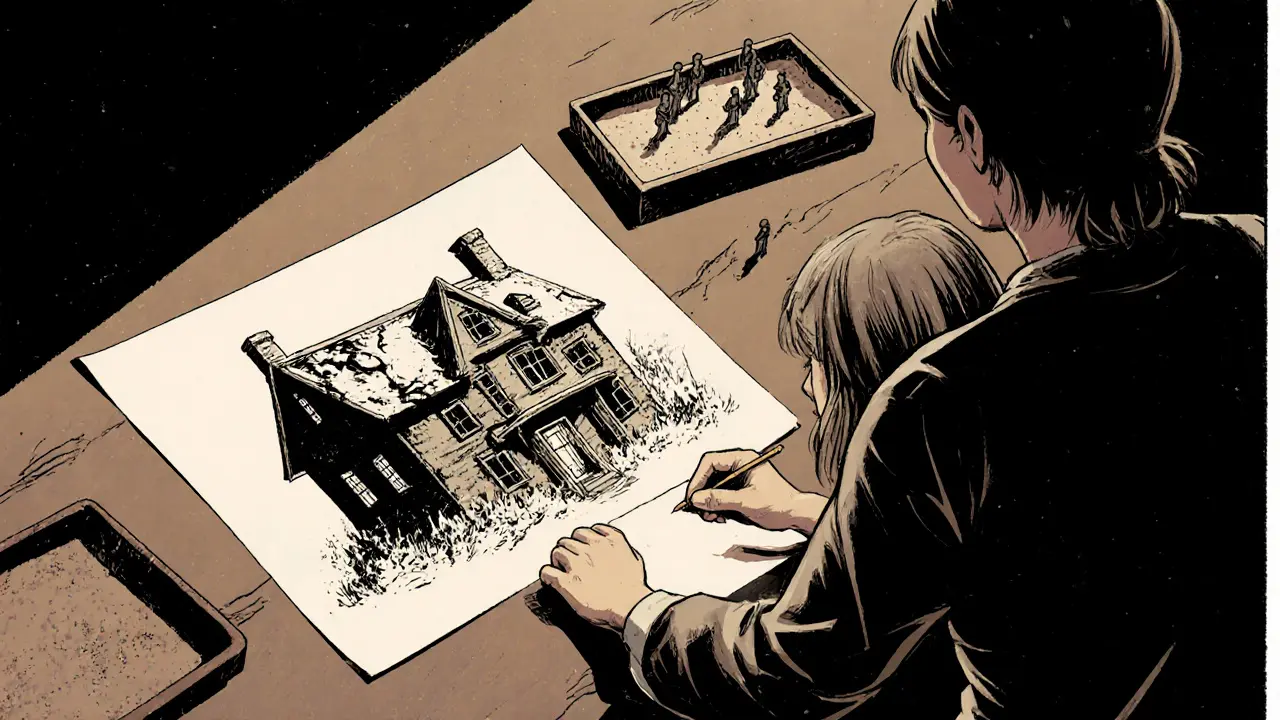 Dívka kreslí temný dům, terapeut u ní, písková hra na stole.