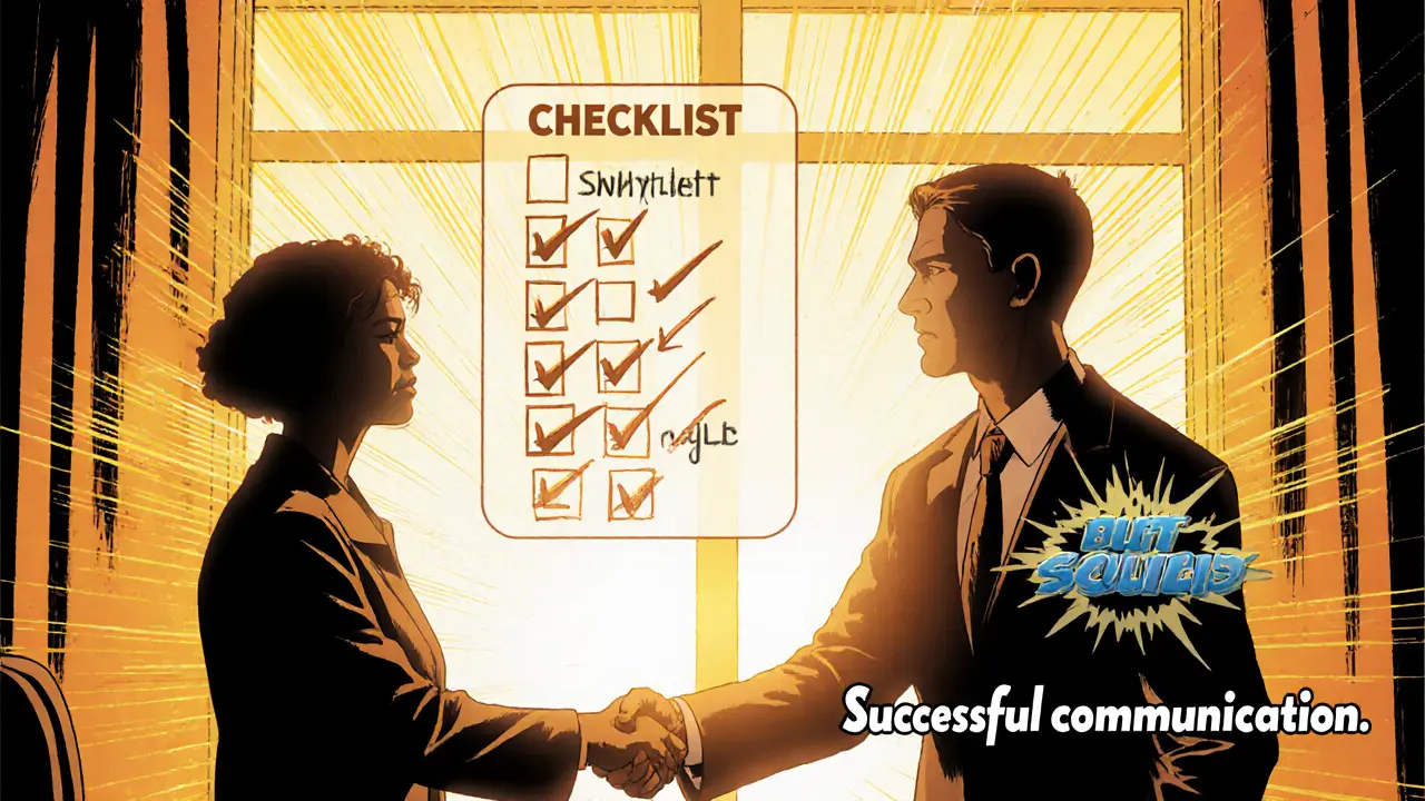 Klient a terapeut si podávají ruce, vedle nich zaškrtnutý seznam.