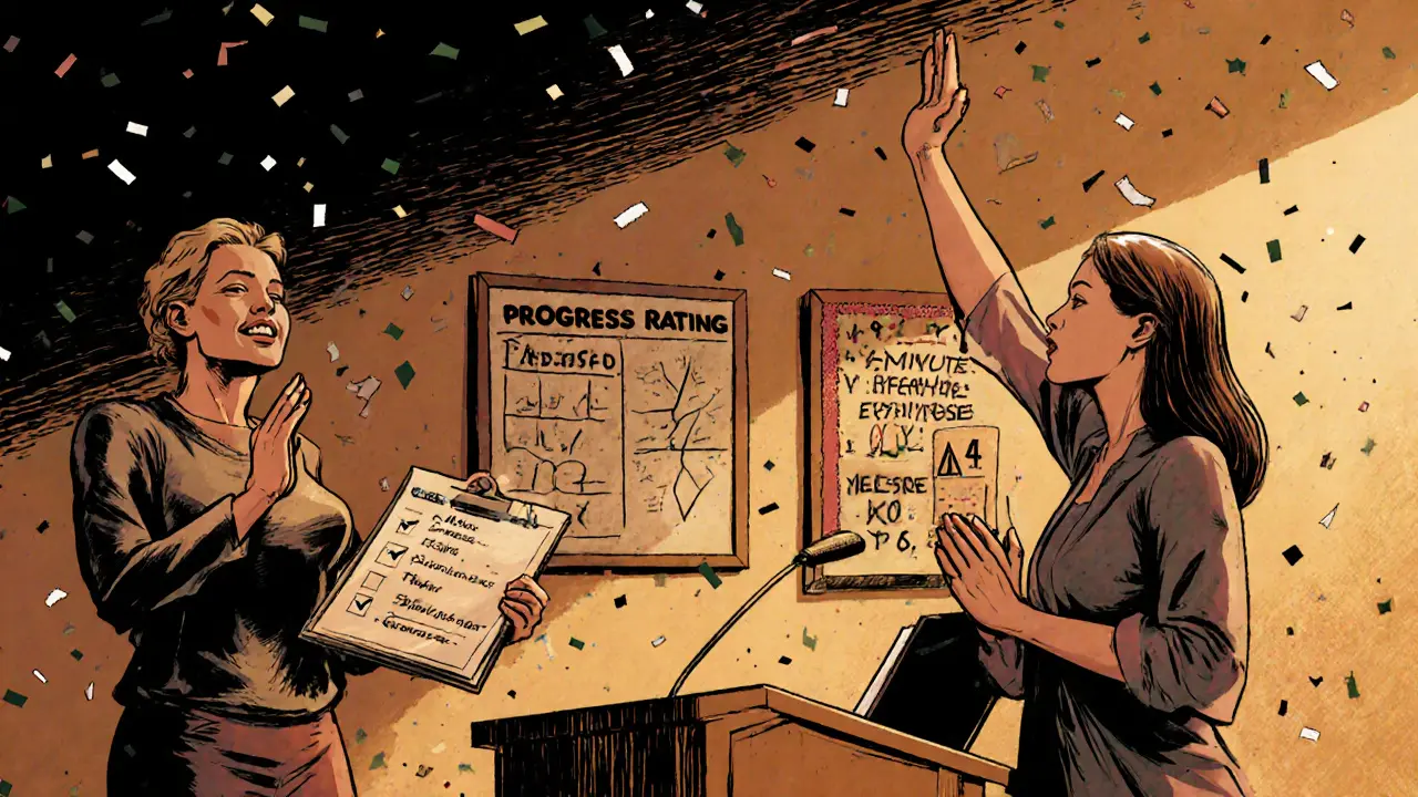 Martina po veřejném setkání slaví úspěch, terapeut tleská, na tabuli klesající úzkostní skóre.