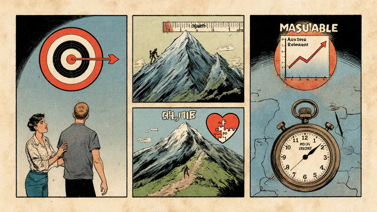 Pět panelů zobrazujících konkrétní, měřitelný, dosažitelný, relevantní a časově omezený cíl jako metafory.