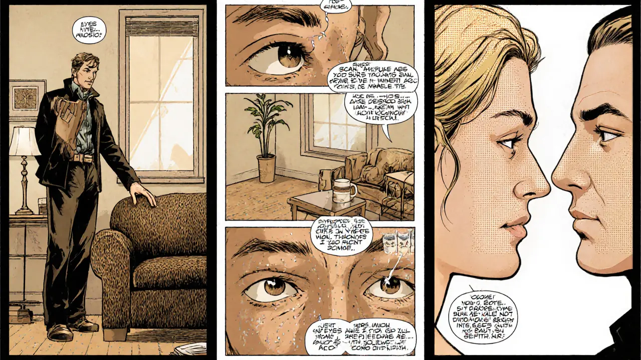 Postava provádí kořenící techniku 5‑4‑3‑2‑1, soustředí se na smysly.