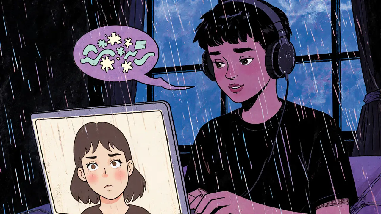 Programátor v tokijském bytě hovoří s terapeutem přes laptop při dešti za oknem.