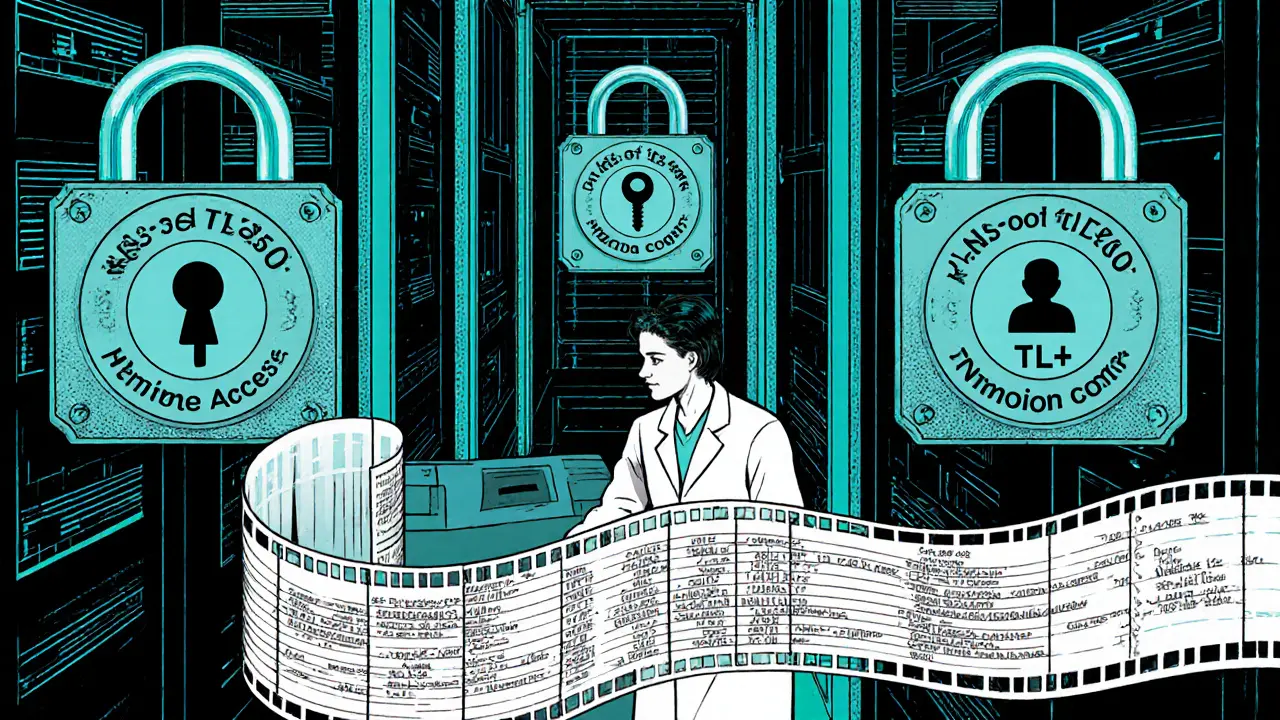 Serverová místnost s LED zámky AES‑256, TLS 1.2+ a auditními pásky.