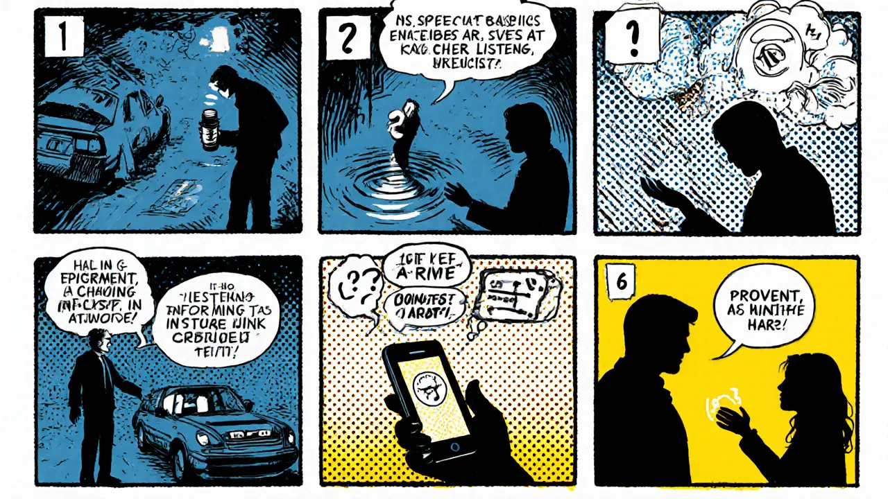 Šest panelů ukazuje principy psychologické první pomoci: bezpečí, stabilizace, informace, pomoc, odkazy, ochrana.