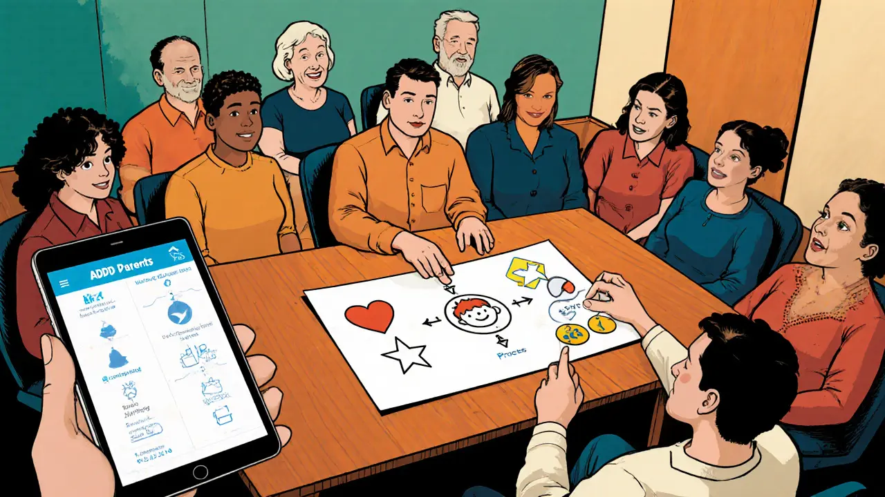 Skupina rodičů v komunitním centru s terapeutem, ukazující proces BPT a digitální aplikaci.