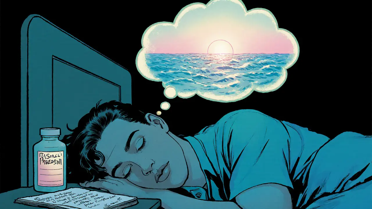 Spící osoba má nad sebou klidný sen, na nočním stolku leží pilulky a deník.