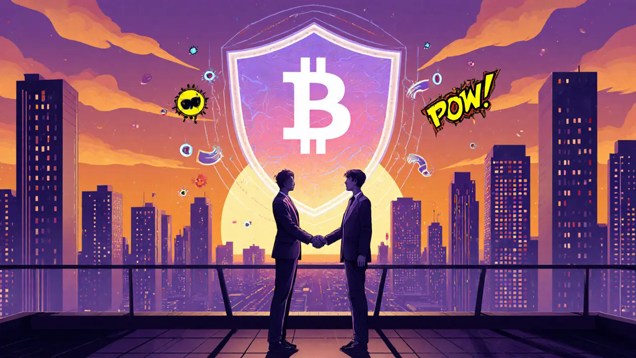 Terapeut a klient na střeše s holografickým štítem a blockchainem.