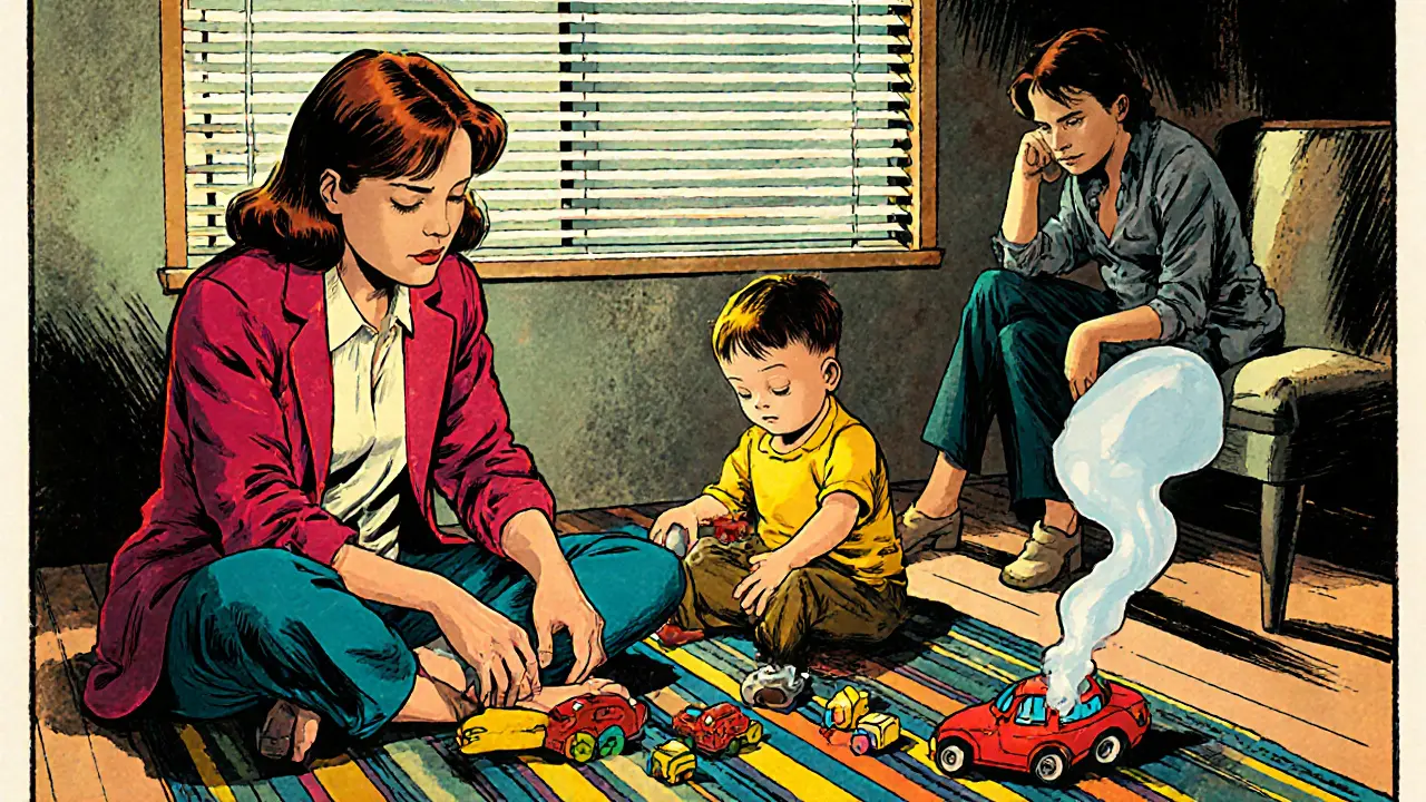 Terapeut hraje s dítětem na podlaze, rodič pozoruje z okna.