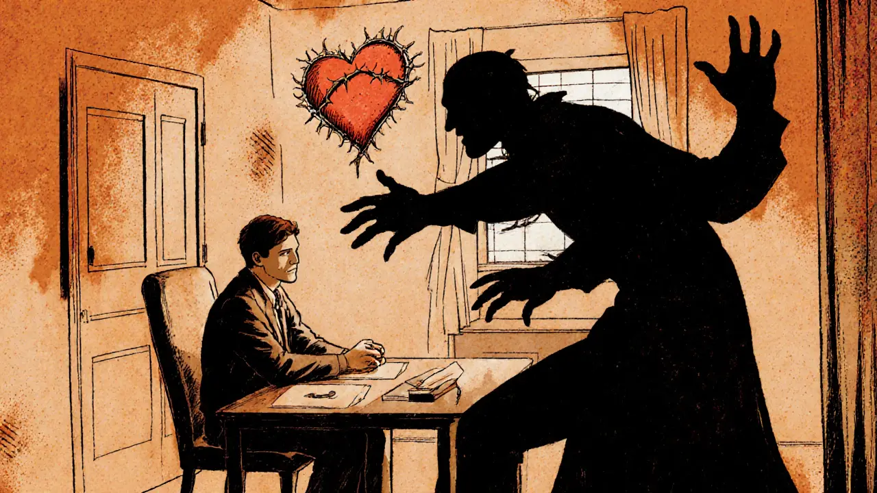 Terapeut s temným stínem, který představuje porušení hranic, zatímco klient sedí napjatě.