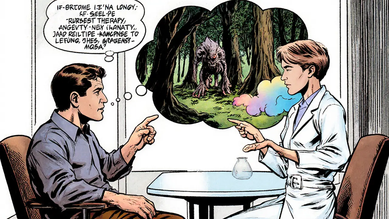 Terapeut ukazuje pacientovi, jak přetvořit noční můru na přátelskou scénu.