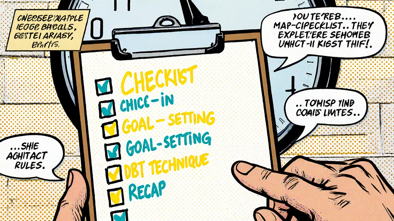 Terapeut ukazuje sešit s jasně strukturovaným plánem sezení.