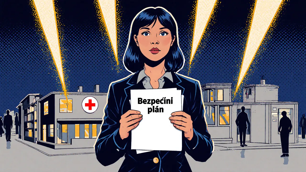 Žena drží plán bezpečí vedle tří bezpečných míst, stíny zneužívání se vzdalují.