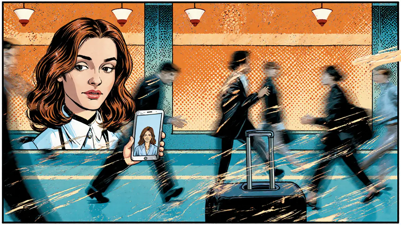 Žena na letištním nástupišti hovoří s terapeutem přes telefon, kolem ní běží cestující.