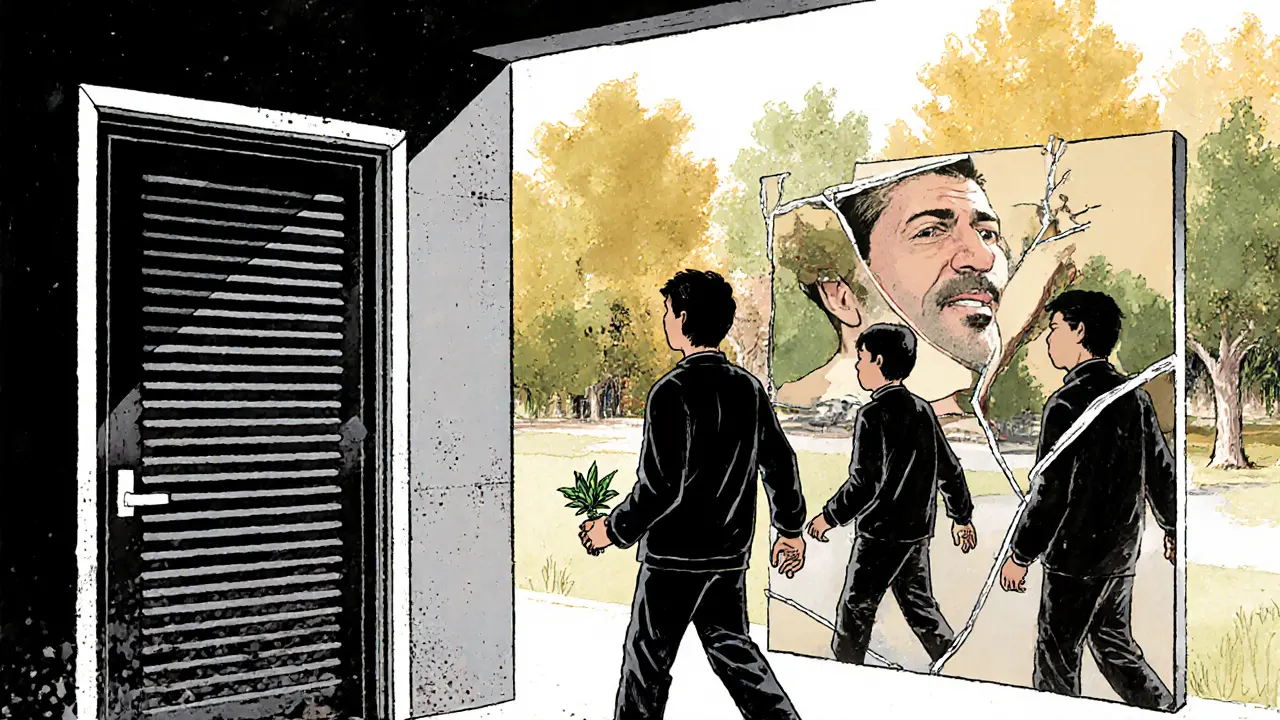 Člověk opouští terapeutickou kancelář a jde do parku, drží malou rostlinku, za ním se láme zrcadlo s třemi verzemi sebe.