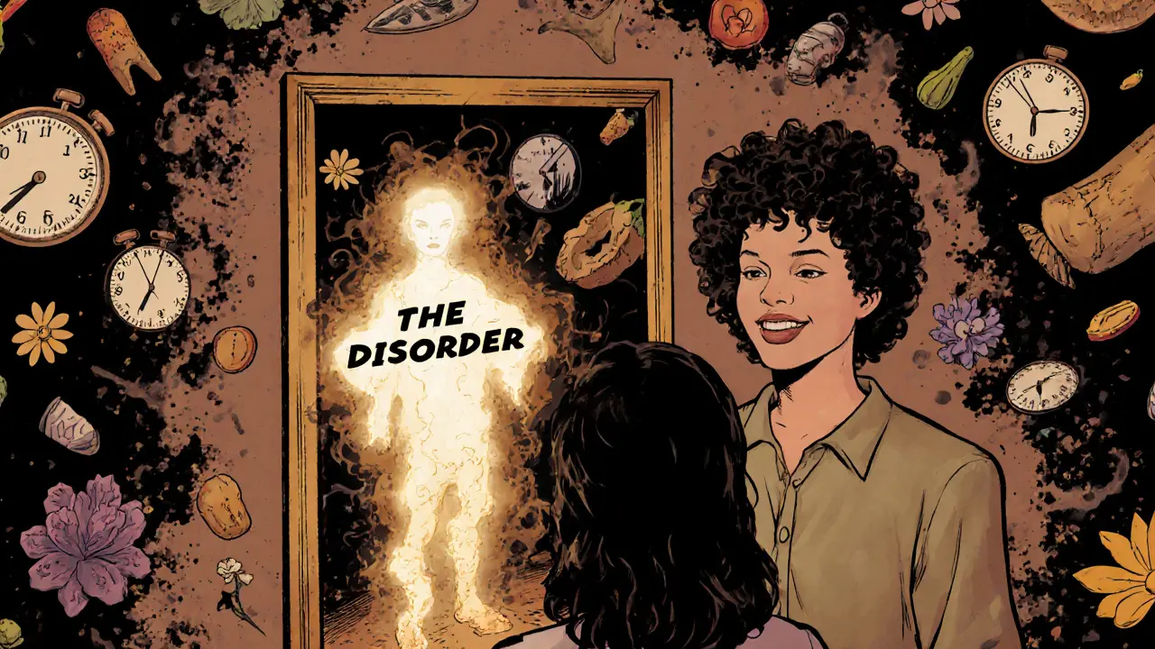 Člověk se dívá do zrcadla, kde jeho odraz je postava poruchy, která se rozplynuje, zatímco on smířeně usmívá.