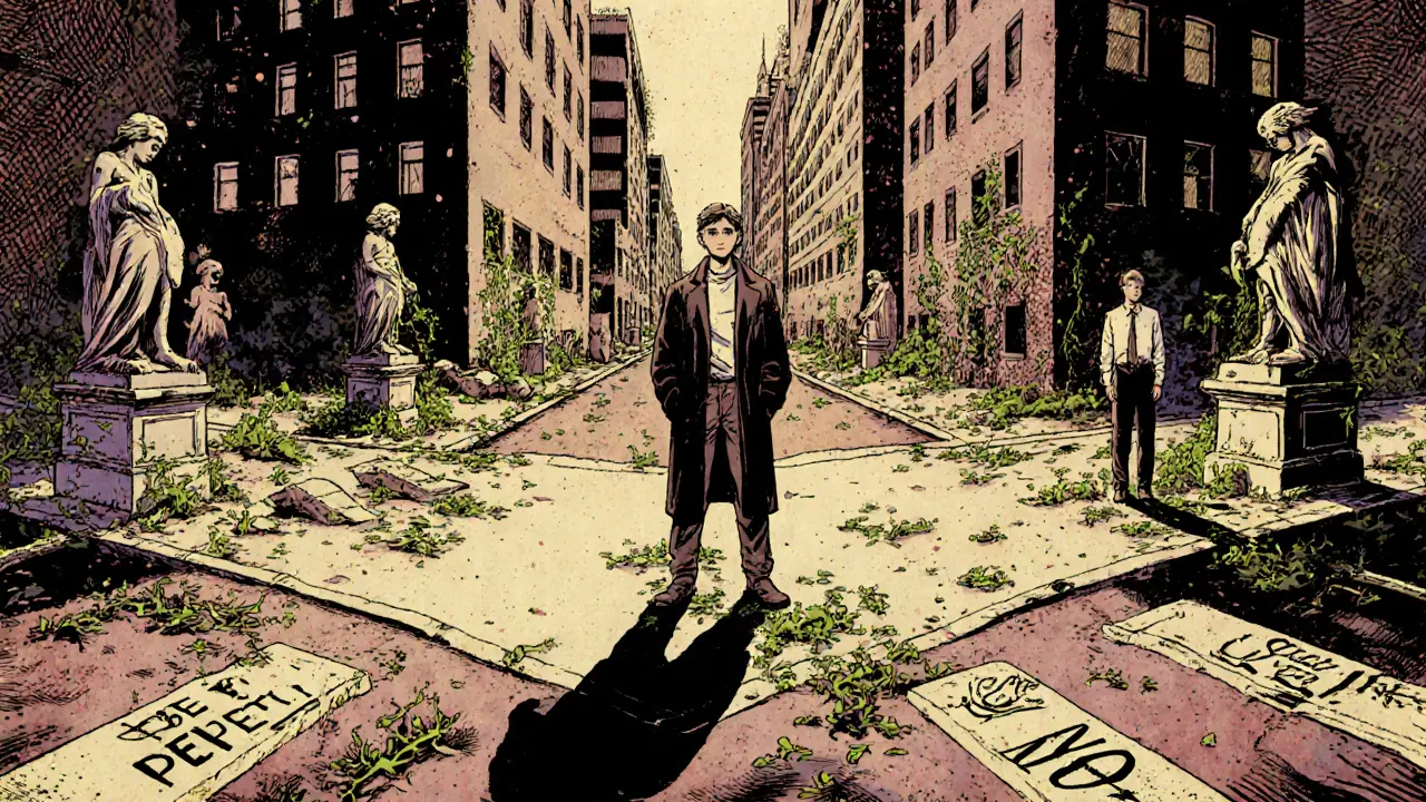 Člověk stojí na křižovatce mezi cestami, za ním sleduje jeho mladší já.