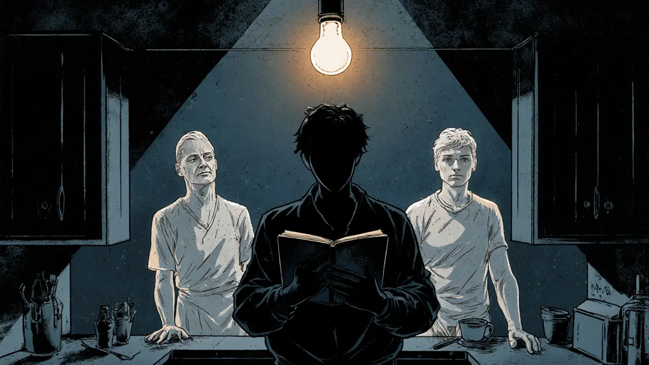 Člověk stojí v kuchyni s poznámkovým blokem, za ním se objevují stíny jeho minulých sebepředstav.