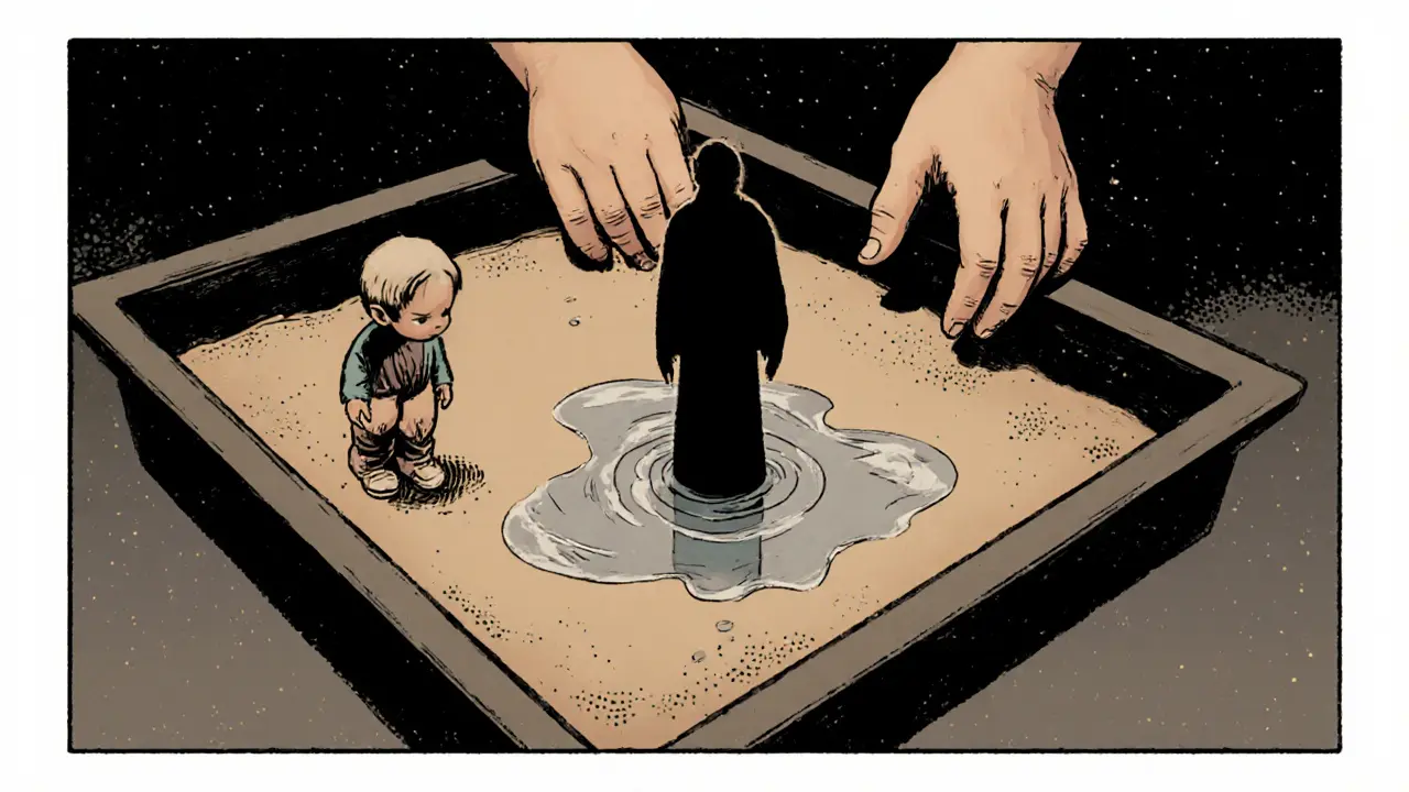 Dítě umisťuje tmavou postavu do kouta pískoviště, malá postava se schovává, voda se šíří kolem.