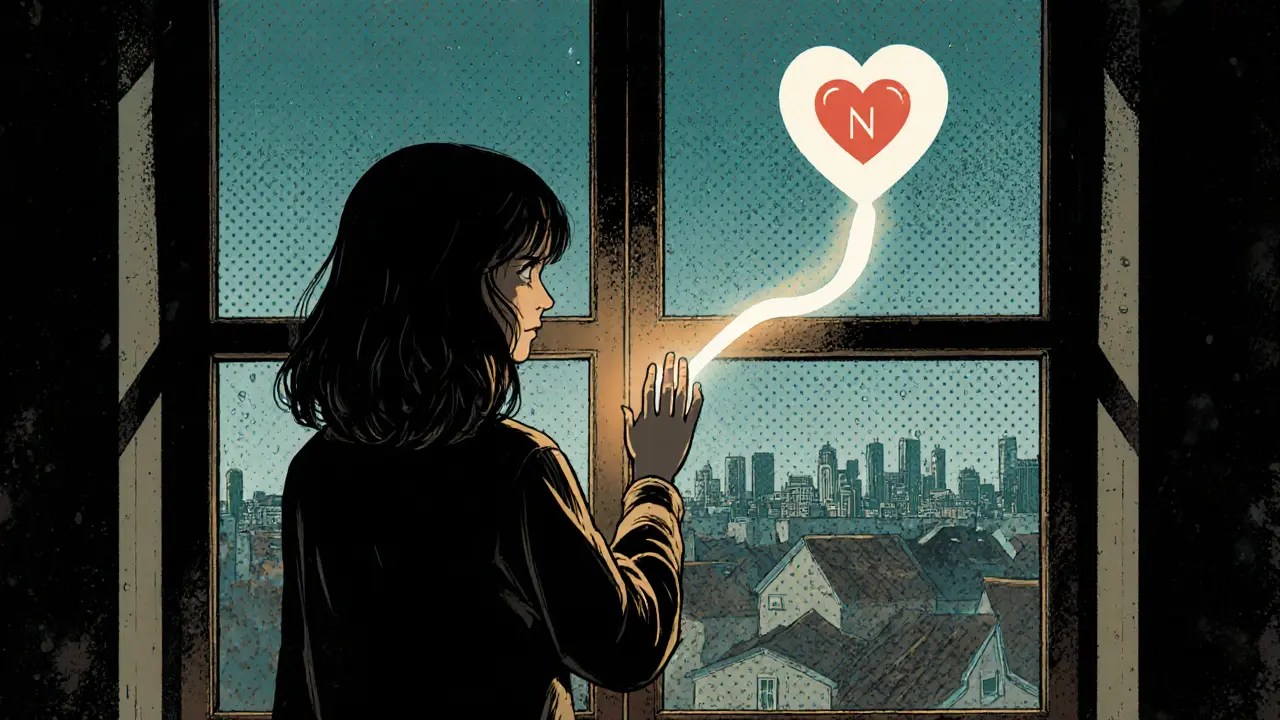 Dívka u okna v malém městě dívá do vzdálenosti, kde světlo vede k symbolem podpory Nautis.