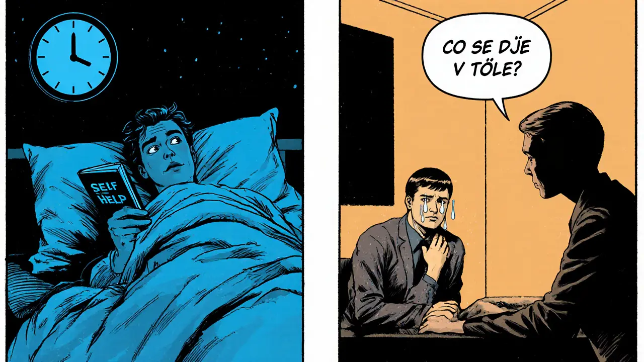 Dvě scény: vlevo člověk s knihou v posteli v noci, vpravo stejný člověk v terapii s slzami na tváři.