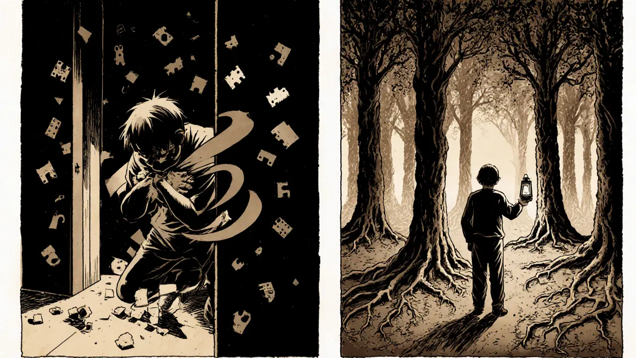 Dvojité pole: vnitřní bolest vlevo a vnitřní síla vpravo, symbolizující transformaci.