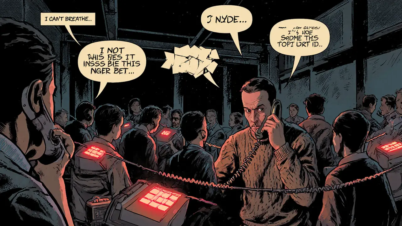 Krizová linka v noci, poradkyně odpovídá na volání s emocionálními bublinami.